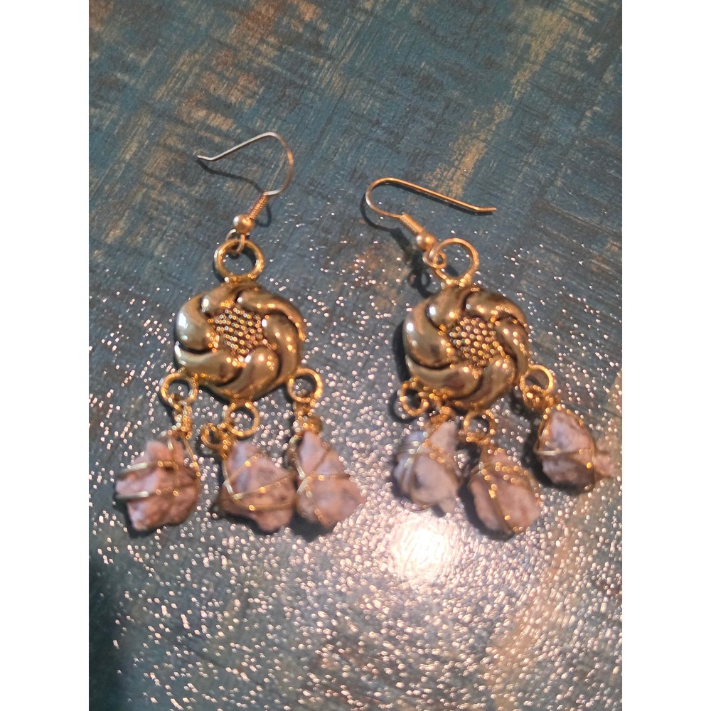 Gold Tone Floral Chandelier Earrings‎ with Wire Wrapped Raw Pink Stone Dangles